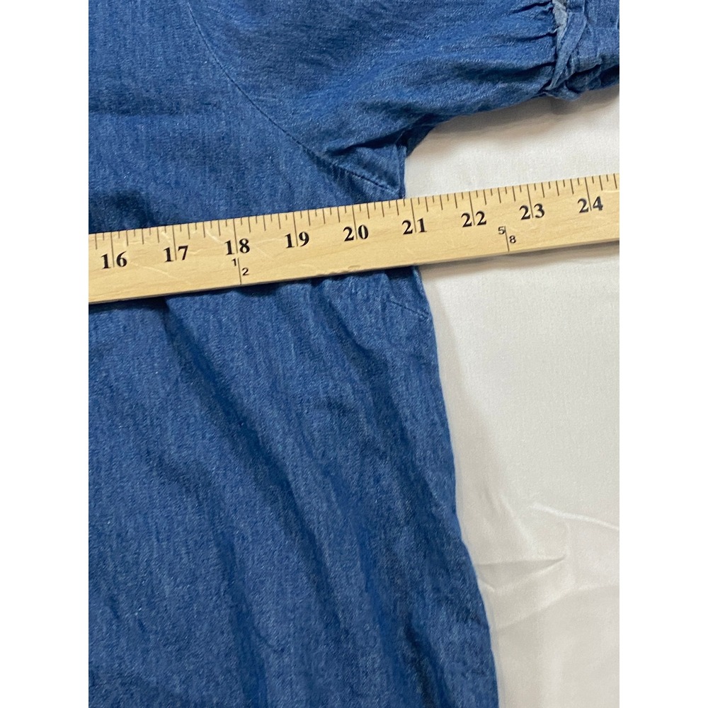 Draper James Women Medium Wash Blue Chambray Puff Sleeve V-Neck Blouse Top L - Picture 4 of 6